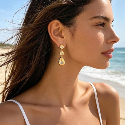 Gold Dangle Earrings for Women,Chunky 14K Gold Plated Drop Dangle Stud Earrings Long Statement Hammered Earring Hypoallergenic Jewelry for Women Gifts - style: Groove-GD