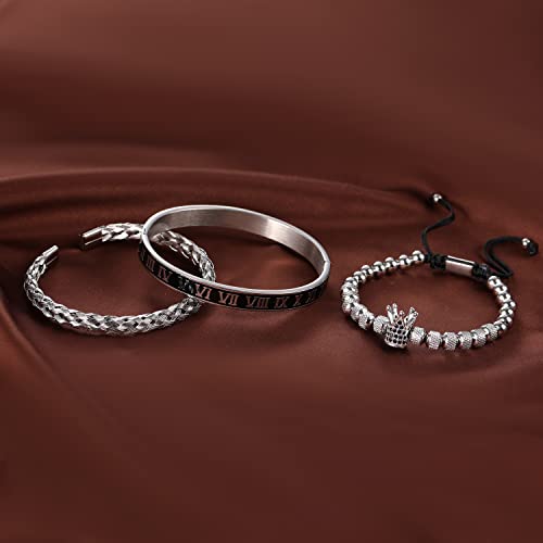WFYOU 3PCS Stainless Steel Imperial Crown Bracelets for Men Gold Roman Numeral Bangle Bracelet Adjustable Cuff Bracelet Mens Luxury Jewelry Gifts - style: 02:Silver-Roman Numeral