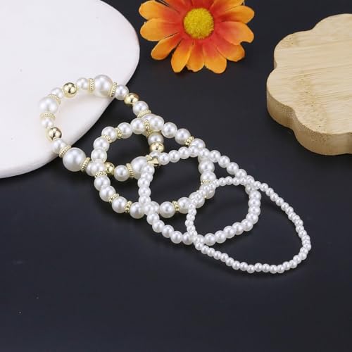 Pearl Bracelets for Women Simulated Pearl Beaded Bracelet White Pearls Stackable Stretch Bracelet Set Multilayered Elastic Pearls Bracelets for Women Bridesmaid Bridal Jewelry - color: Gold