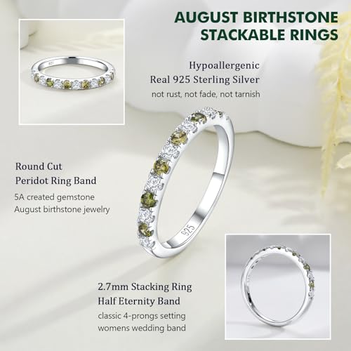 Birthstone Rings Eternity Band 925 Sterling Silver/Yellow Gold-Plated Created Gemstone Stackable Wedding Band 2.7mm Thin Half Eternity Rings for Women Size 6 to 10 - color: 08-Peridot-Aug.