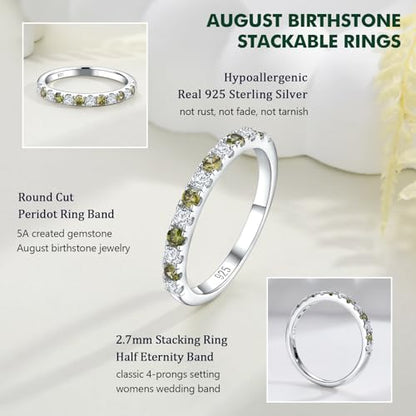 Birthstone Rings Eternity Band 925 Sterling Silver/Yellow Gold-Plated Created Gemstone Stackable Wedding Band 2.7mm Thin Half Eternity Rings for Women Size 6 to 10 - color: 08-Peridot-Aug.