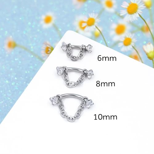 3 Pcs 316L Stainless Steel 16G Tragus Helix Rook Piercing Jewelry with Chain, Cartilage Earrings for Women, Belly Button Ring Vertical Labret Lip Piercing Jewelry - color: Silver, size: Prong Setting
