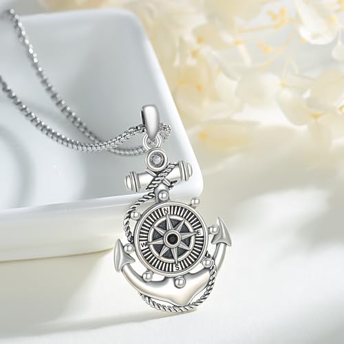Sterling Silver Graduation Compass Anchor Necklace with Jewelry Box | Nautica,l Hope, Dream,Inspirational,Good Luck,Travel,Journey,Safety,Daily,Birthday, Graduation,Hypoallergenic - style: 02-Compass Anchor）