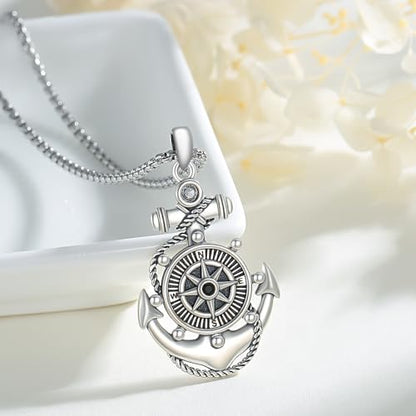Sterling Silver Graduation Compass Anchor Necklace with Jewelry Box | Nautica,l Hope, Dream,Inspirational,Good Luck,Travel,Journey,Safety,Daily,Birthday, Graduation,Hypoallergenic - style: 02-Compass Anchor）