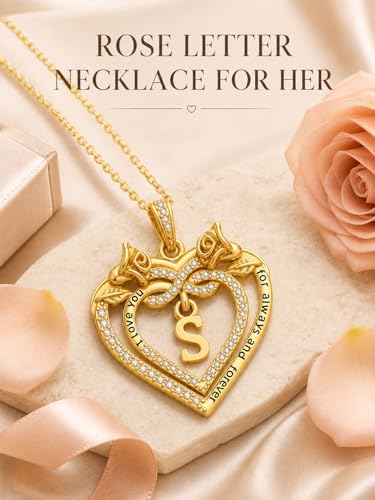 14K Gold Initial Letter Rose Heart Pendant Necklace for Women, Anniversary Birthday Jewelry Gifts for Wife Mom Grandma Sister Daughter, I Love You for Always And Forever - style: 14K Gold-S