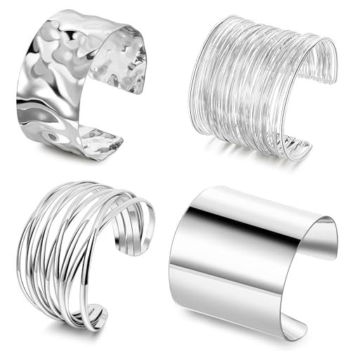 4Pcs Chunky Gold Cuff Bracelects for Women Gold Bangles Irregular Minimalist Statement Bangle Bracelets Set Open Wide Bangle Upper Arm Cuff Jewelry - color: Silver-B