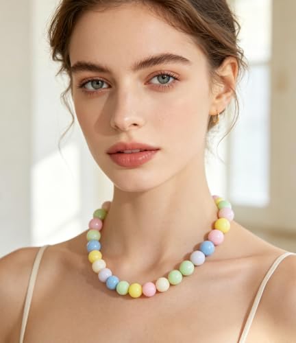 Chunky Beaded Necklace for Women 16mm Round Bead Resin Modern Statement Necklace Jewelry Accessories - color: colorful 04