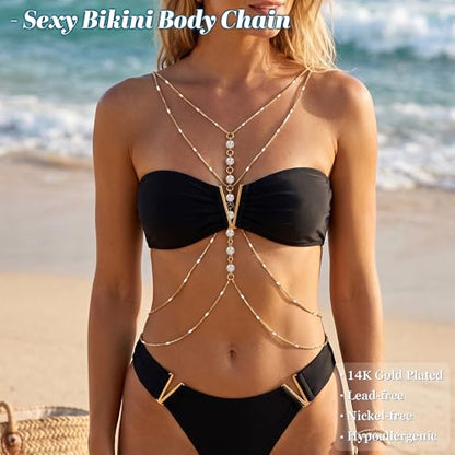 Body Chains for Women Sexy Layered Belly Waist Chains | 14K Gold Plated,Crossover Bikini Bra Chain, Adjustable Beads Chest Chain ,Summer Beach Rhinestone Nightclub, Body Jewelry - style: style D