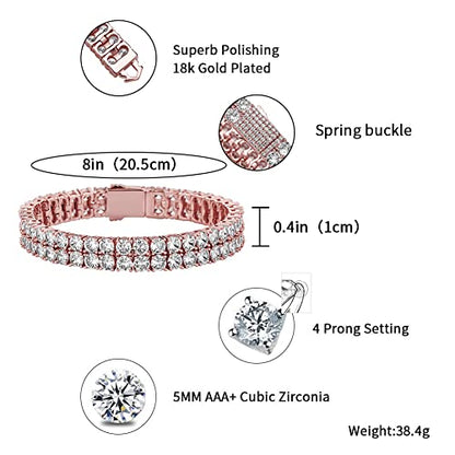 JINAO 2-Row Tennis Bracelet for Men & Women, 14K Gold Plated Brass, Iced-Out Cubic Zirconia Chain, Unisex Hip-Hop Style - color: Rose Gold 8''