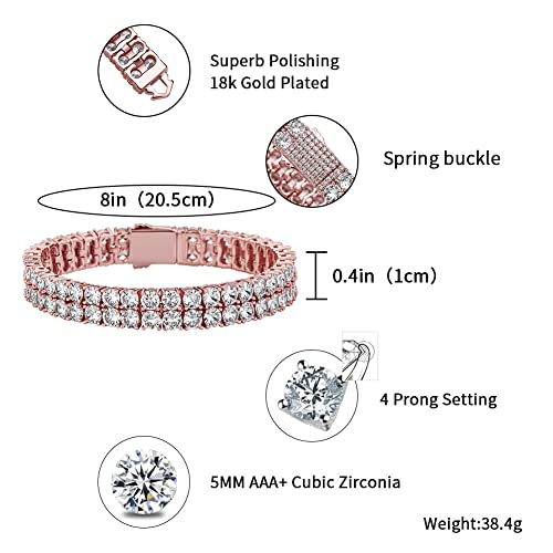 JINAO 2-Row Tennis Bracelet for Men & Women, 14K Gold Plated Brass, Iced-Out Cubic Zirconia Chain, Unisex Hip-Hop Style - color: Rose Gold 7''