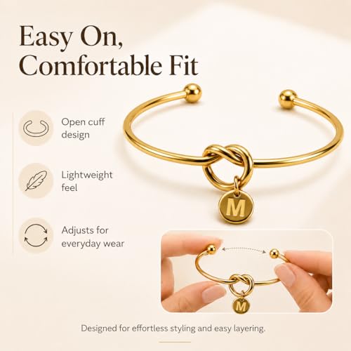 LemonRose Initial Bracelets for Women - Dainty Tie the Knot Letter A-Z 14K Gold Plated for Women Gold Cuff Bracelet for Womens Jewelry Personalized Bridesmaid Proposal Gifts - color: Gold M
