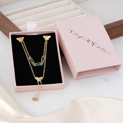 Emerald Cut Y Shaped Necklace for Women 18K Gold Plated Double Layered Y Lariat Necklace Jewelry Gift - color: Style11-Green