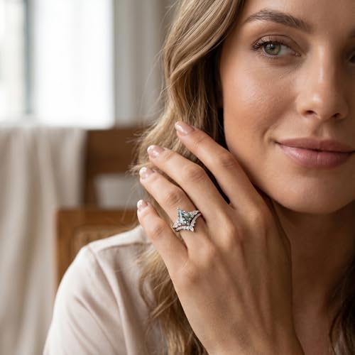 14K Gold Plated Natural Moss Agate Stackable Ring for Women | Promise Wedding Band Diamond Cut Green Moss Agate Stackable Rings Set Valentine & Anniversary Jewelry Gifts Size 5-9 - color: White Gold