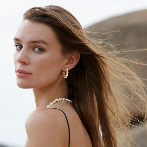 Trendy 14K Gold Plated Hoop Earrings for Women, Chunky Gold/Silver Earrings for Women Cubic Zirconia Baguette Hoop Earrings Heart Hoops Lightweight Hypoallergenic Jewelry,25mm/35mm/40mm/50mm - color: 01 Gold Pearl Hoops 25mm