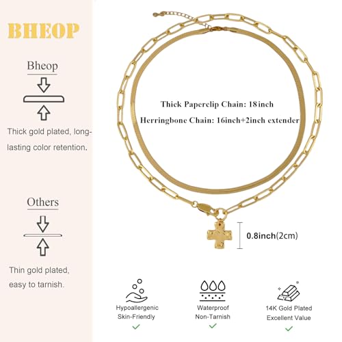Bheop Chunky Cross Necklace for Women, 14K Gold Silver Statement Necklace | Sturdy Paperclip Chain, Hammered Pendant, Vintage Charm, Trendy Costume Jewelry, Faith Christian Religious Gift, Non Tarnish - style: GD-2PCS/0.8 inch Cross+Herringbone Necklace