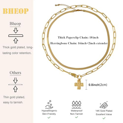 Bheop Chunky Cross Necklace for Women, 14K Gold Silver Statement Necklace | Sturdy Paperclip Chain, Hammered Pendant, Vintage Charm, Trendy Costume Jewelry, Faith Christian Religious Gift, Non Tarnish - style: GD-2PCS/0.8 inch Cross+Herringbone Necklace
