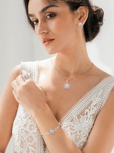 Women 4Pieces Cubic Zirconia Jewellery Set Rhinestone Necklace Earrings Bracelet Ring - color: Rose Gold