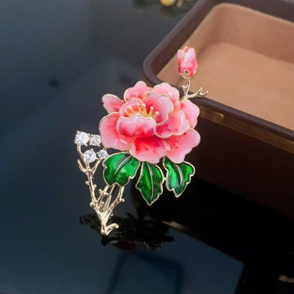 Peony Flower Brooch Pins for Women Gold-Tone Elegant Crystal Green Pink Enamel Floral Lapel Pins for Clothes Hat Dress Accessories Wedding Party Prom Fashion Jewelry