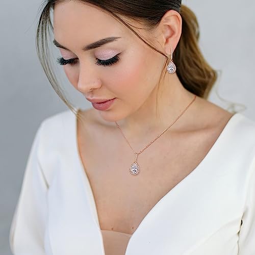 Crysdue Wedding Bridal Teardrop CZ Pendant Necklace Open Ring Dangle Earrings Adjustable Slider Bracelet Jewelry Set, Birthday Mothers Day Christmas Jewellery Gift for Women/Mom/Wife - style: 01-Teardrop Clear Rose Gold-Tone