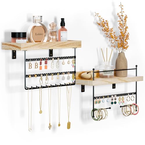 Lolalet Wall Mount Hanging Jewelry Organizer -Set of 2, Black | Versatile Hanging Holder with Hooks for Earrings, Bracelets and Necklaces, Easy to Install on Bathroom Wall - color: Black