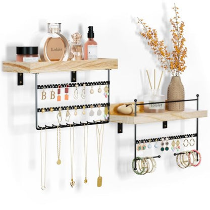 Lolalet Wall Mount Hanging Jewelry Organizer -Set of 2, Black | Versatile Hanging Holder with Hooks for Earrings, Bracelets and Necklaces, Easy to Install on Bathroom Wall - color: Black