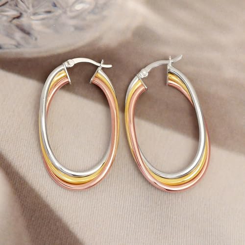 LeCalla 925 Sterling Silver Chunky Hoop Earrings | 14K Two-Tone Three-Tone Hoop Earrings | Intertwining Oval Shape Polished Twisted Hoop Earrings for Women - color: "Large" Tri-Tone 42mm