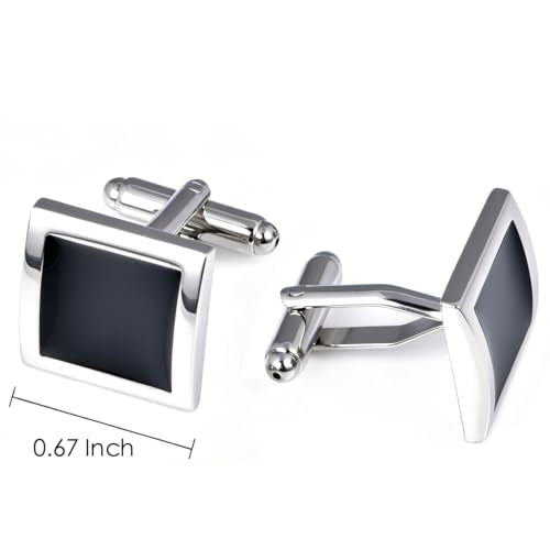 Silver Black Tone Square Men's Cufflinks for French Shirt in Gift Box | Classic Tuxedo Mens Women Cuff Links Set Jewelry for Wedding Party Formal Casual Business Office Dress, Easy to Put on