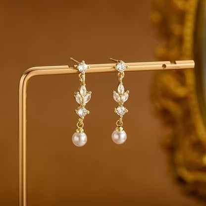 CHESKY Pearl Drop Earrings for Women, 14K Gold Plated Pearl Dangle Earrings | Dainty Pearl Earrings for Women,WaterProof Gold Brides Wedding Earrings,Bridesmaid Bridal Gift,Trendy Women Everyday Jewelry - style: leafs