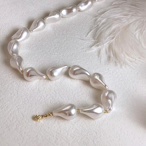 Zeffy 14K Gold/Silver Plated Chunky Thick Chain Toggle Clasp Necklace Dainty Baroque Pearl/Heart/Cross/Turquoise Pendant Necklace - color: Gold Baroque Pearl Choker