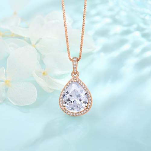 FJ Teardrop Pendant Necklace 925 Sterling Silver Birthstone Jewelry for Women - color: 04 April-Simulated Diamond-Rose Gold