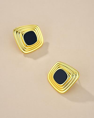 SNGIA 18K Gold Plated Square Stud Earrings for Women by SNGIA, Black Enamel Burgundy Clear Resin Color Options, Chunky Geometric Button Stud Earrings, Retro Statement Jewelry Gifts Accessories