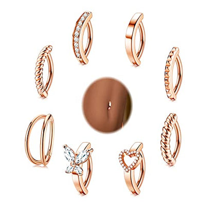 ORAZIO 8Pcs Belly Button Ring Surgical Steel 14G Clicker Belly Rings for Women CZ Heart Butterfly Belly Button Piercing Simple Reverse Navel Barbell Rings Body Piercing Jewelry - color: Rose Gold Plated-10mm
