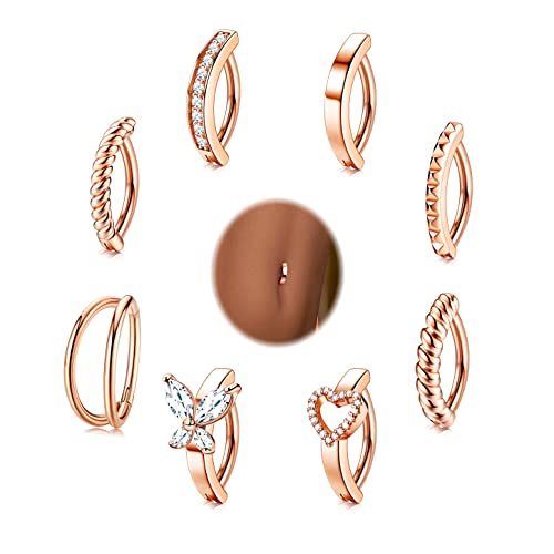 ORAZIO 8Pcs Belly Button Ring Surgical Steel 14G Clicker Belly Rings for Women CZ Heart Butterfly Belly Button Piercing Simple Reverse Navel Barbell Rings Body Piercing Jewelry - color: Rose Gold Plated-10mm