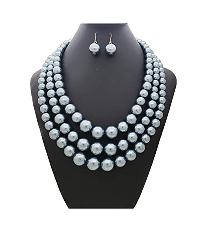 Fashion 21 Women's Faux Pearl Three Multi-Strand Statement Necklace and Earrings Set - color: Dark Grey