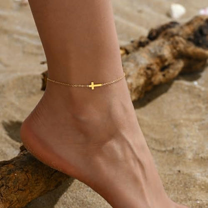 NONAMOIS Ankle Bracelets for Women Dainty 18K Gold Plated Anklet Waterproof Round Beaded Paperclip Herringbone Pearl Chain Anklets Waterproof Beach Foot Jewelry - color: Tiny Cross-Gold
