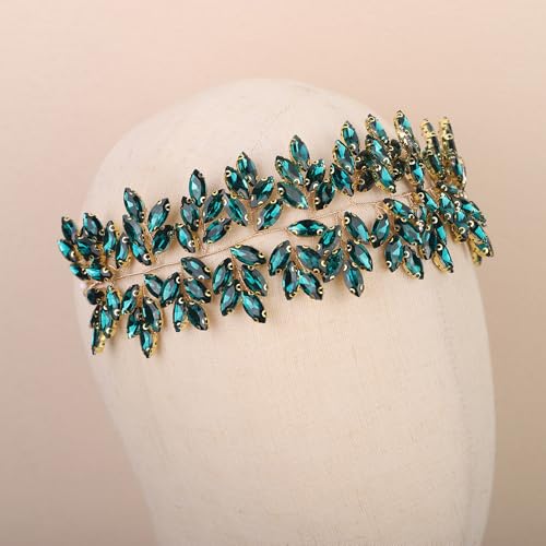 Missgrace Women Silver Green Black Red Blue Handmade Full Crystal Rhinestone Large Headband Hair Vine Shinny Headpiece Bridal Wedding Hair Accessories for Women (Peacock green) - color: Peacock green