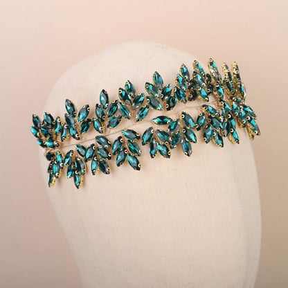 Missgrace Women Silver Green Black Red Blue Handmade Full Crystal Rhinestone Large Headband Hair Vine Shinny Headpiece Bridal Wedding Hair Accessories for Women (Peacock green) - color: Peacock green