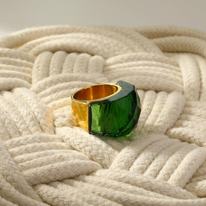 Crystal Glass Stainless Steel Band Ring Gold-Tone Plated Fashion Exaggerated Cubic Zirconia Rings Women's Stunning Large Statement Rhinestone Bands Cocktail Party Ring for Ladies Birthday - color: Green, size: 7