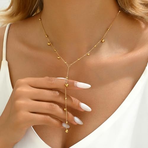 18K Gold Plated Minimalist Drop Y-Shaped Necklace for Women | Simple Lariat Necklace, Minimalist Everyday Jewelry,Y-Shaped Necklace - style: Y Bead Dangle-Gold