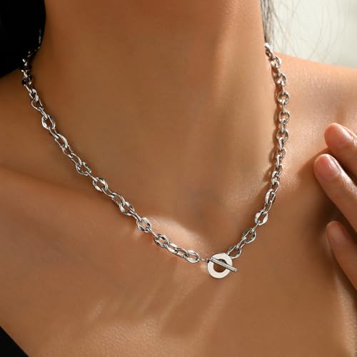 Chunky Gold Necklace for Women, 18K Gold Plated Paperclip, Figaro Link Chain Necklace, Toggle Clasp Necklaces, Trendy Non Tarnish Jewelry, Christmas Gifts - style: 6mm Cable Toggle 16.5''-White Gold