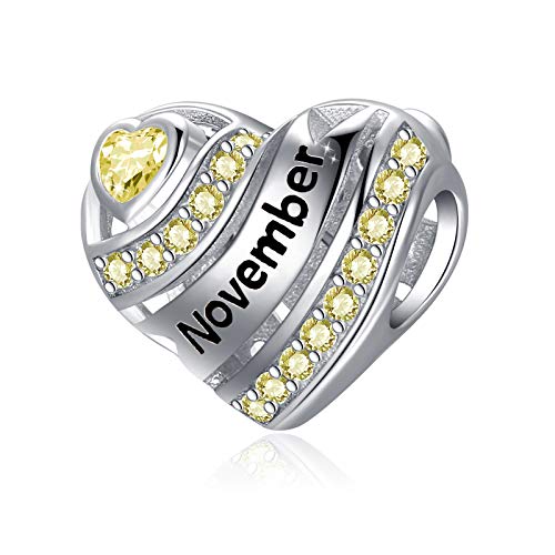 COMORE Birthstone Heart Charms for Charms Bracelet-925 Sterling Silver Love Heart Bead Charms for Bracelets and Necklaces, Birthday Gifts for Women. - style: November