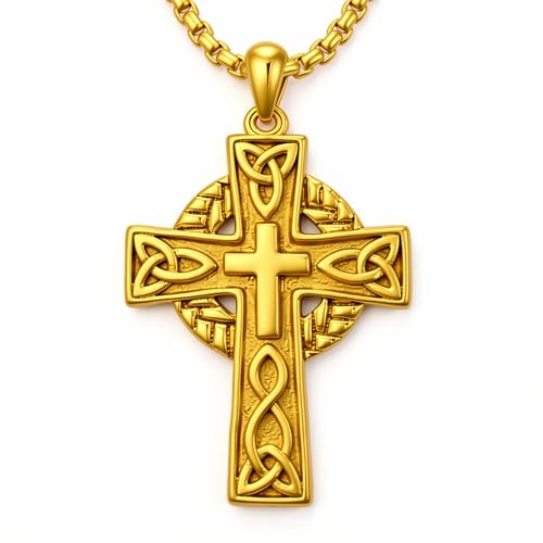 Celtic Cross Necklace For Men ，18K Gold Plated Celtic Cross Celtic Amulet Necklace Protection Jewelry Religious Gifts with 2.5mm 22"+2" Adjustable Rolo Chain - style: style5