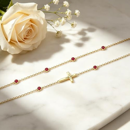 Midari 18K Yellow Gold Gemstone Birthstone Anklet Bracelet Cross Jewelry with 12 Months Birthstone Birthday Gifts for Women Wife Her Daughter Mom - color: 07-Jul-Ruby, size: Bracelet 7"-9"