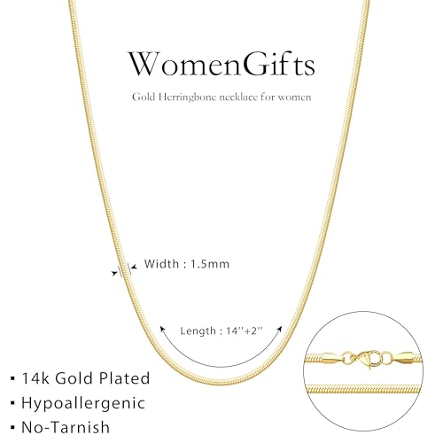 WomenGifts 14K Gold Silver Plated Herringbone Necklace for Women, Dainty Snake Chain Choker, Trendy Simple Long Layered Jewelry Non Tarnish, 3/4/5/8mm,14,16,18,20,22,24,26 Inch Thin & Chunky Options - color: Gold, style: 1.5mm-14inch