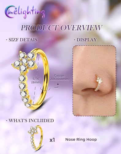 Melighting 20G Butterfly Nose Ring Hoop 8 mm Open Seamless Nose Piercing Jewelry Surgical Steel 316L, Twist Nostril Ring with Marquise and Round CZ, Silver Flower Body Piercing for Women - style: Flower Gold