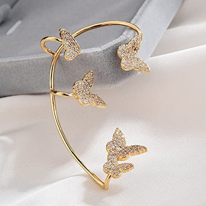 Luxury 3D Butterfly Cuff Earrings Ear Wrap Earrings Crystal CZ No Piercing Ear Clip Crawler Full Rhinestone for Women Wedding Jewelry - style: 1 Pairs Silver