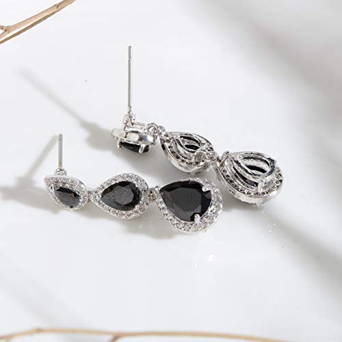 Women's Cubic Zirconia Bridal Earrings - Elegant Long Wedding Party Prom Earring for Bride Bridesmaids Crystal CZ Rhinestone Chandelier Statement Dangle Drop Earrings for Women - color: Black