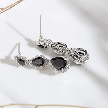 Women's Cubic Zirconia Bridal Earrings - Elegant Long Wedding Party Prom Earring for Bride Bridesmaids Crystal CZ Rhinestone Chandelier Statement Dangle Drop Earrings for Women - color: Black