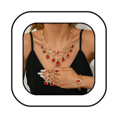 4-Piece Golden Teardrop Crystal Jewelry Set Black Red | 4-piece golden set with black red crystals Lightweight anti-tarnish Perfect for weddings galas - color: Red