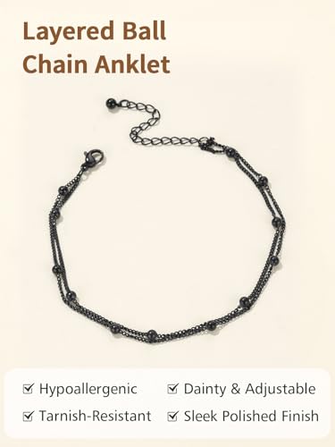 FindChic Ankle Bracelets for Women, Silver/Black/Gold Plated Layered Stainless Steel Anklets, Non-Tarnish Adjustable Waterproof Trendy Foot Jewelry for Beach Summer - style: Layered Ball Chain-Black
